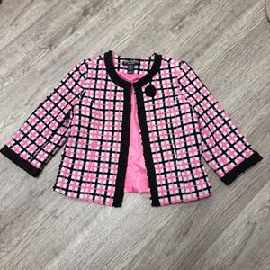 Scott Taylor Petite Pink Black Plaid Tweed Open Front Blazer Jacket Rosette PL